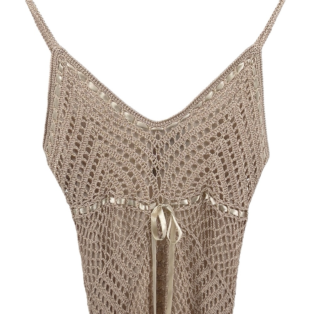Say What? Y2K Crochet Double Layer Tank Sz L Ribbon Tie Tan Adjustable Strap - Picture 5 of 16